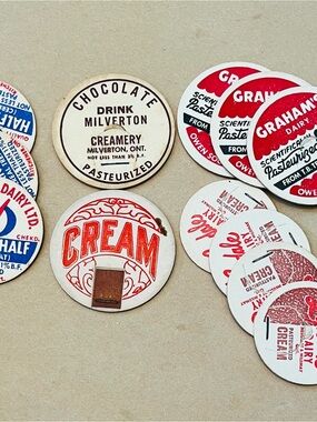 Vintage Cream Bottle Caps - Assorted Various Dairy set of 12